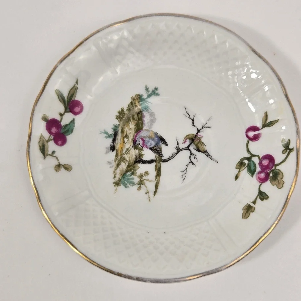 L Bernardaud & Co Limoges France Bird and Berry Porcelain Saucer Gold Rim 5.25